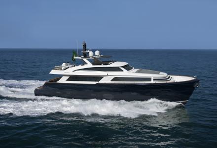 First MCP Yachts 92.5 raised pilothouse yacht under construction