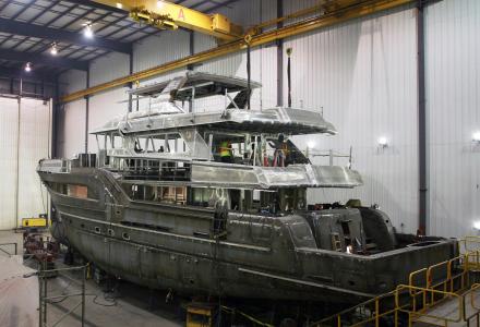 Burger Boat Project Northland hull and superstructure joined