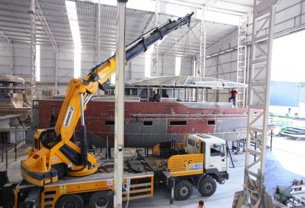 Bering 70's Apsara hull and superstructure joined
