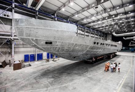 Pershing 140 moved into final construction shed