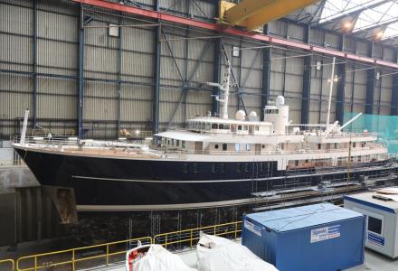 70m Sherakhan undergoing refit at Icon Yachts