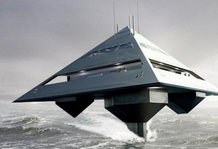 Tetrahedron superyacht flies over water