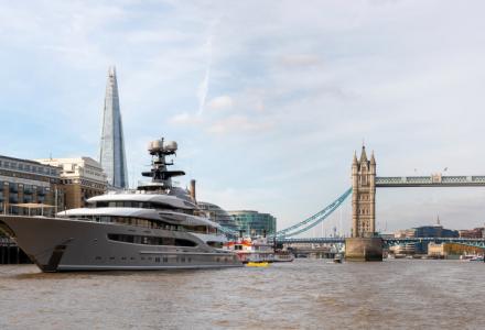 Legendary Lürssen superyacht Kismet moored next to Tower Bridge