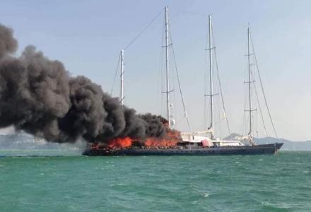 Sailing Yacht Enigma (ex. Phocea) Catching Fire in Langkawi
