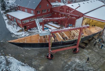 29m Sailing Yacht Project Ouzel's Hull Reaches Upside-Down Position